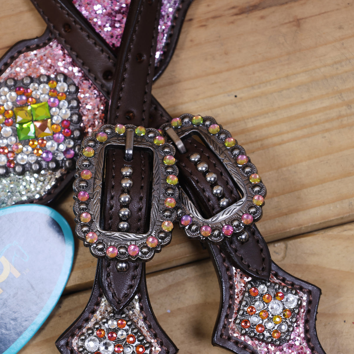 Rainbow Glitter Horse Tack with Rhinestone Conchos, Silver Studs