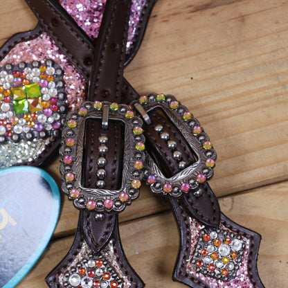 Rainbow Glitter Horse Tack with Rhinestone Conchos, Silver Studs