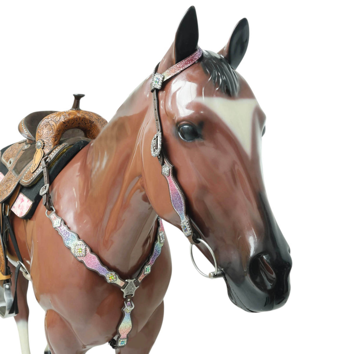 Rainbow Glitter Horse Tack with Rhinestone Conchos, Silver Studs