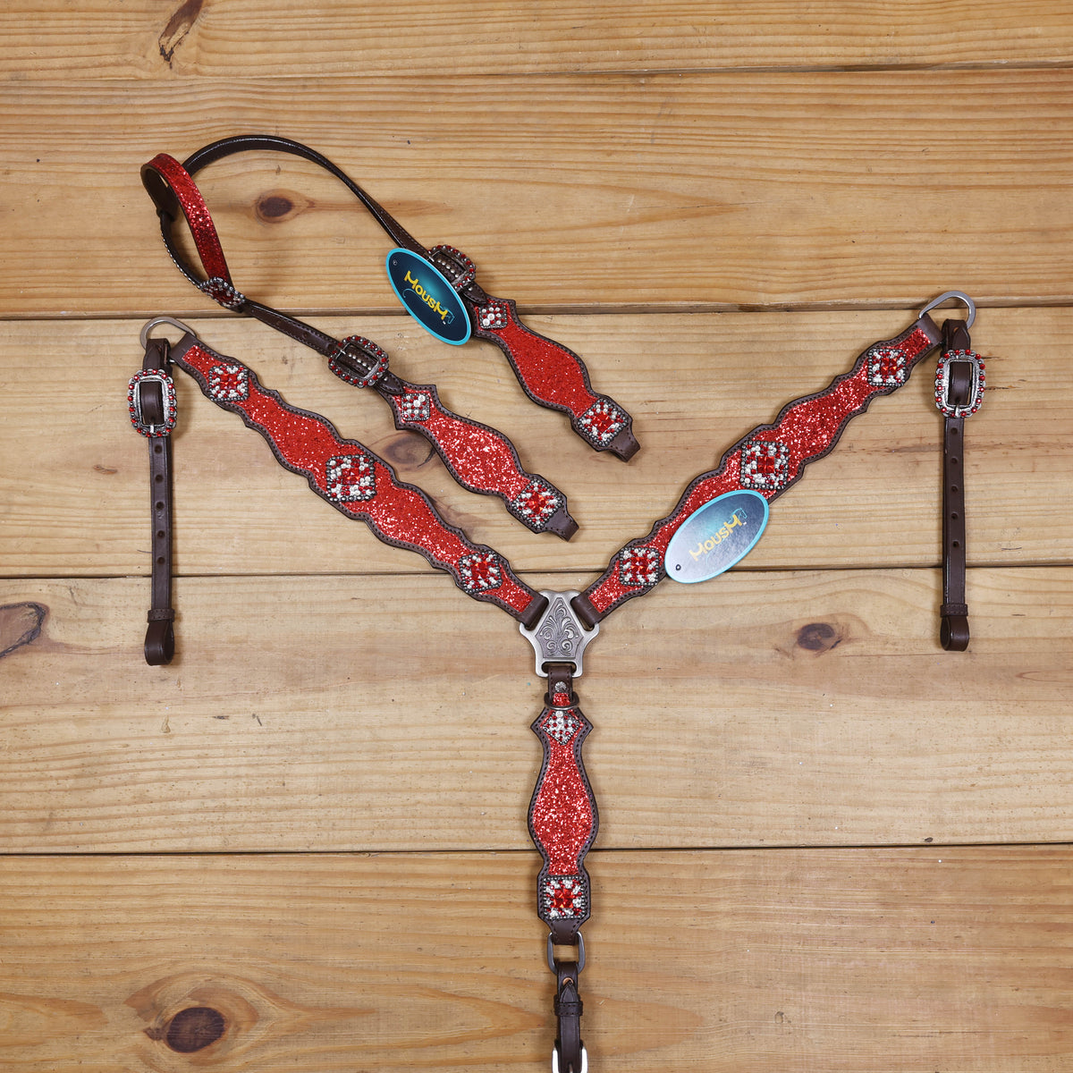 Red Glitter Headstall Set, Silver Studs, Bling Rhinestone Conchos