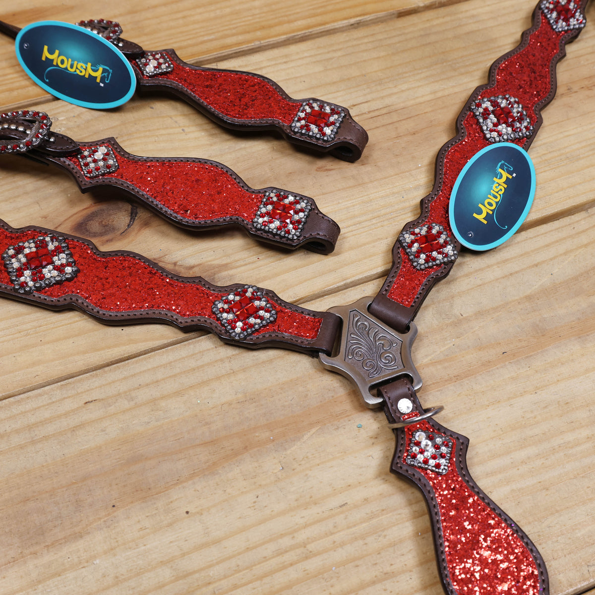 Red Glitter Headstall Set, Silver Studs, Bling Rhinestone Conchos