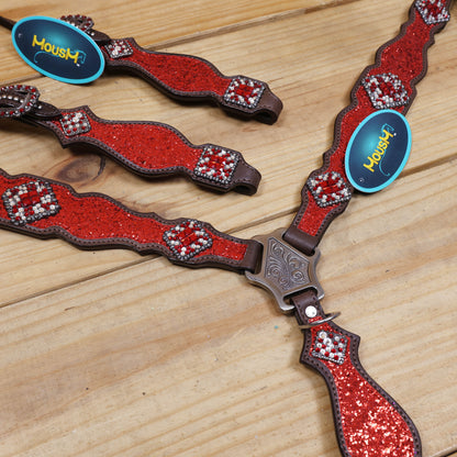 Red Glitter Headstall Set, Silver Studs, Bling Rhinestone Conchos