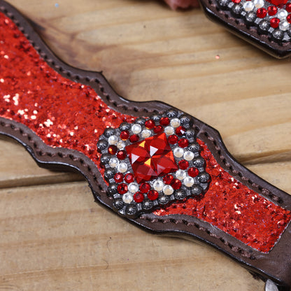 Red Glitter Headstall Set, Silver Studs, Bling Rhinestone Conchos