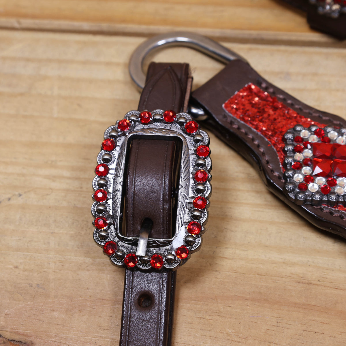 Red Glitter Headstall Set, Silver Studs, Bling Rhinestone Conchos