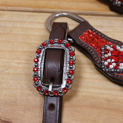 Red Glitter Headstall Set, Silver Studs, Bling Rhinestone Conchos