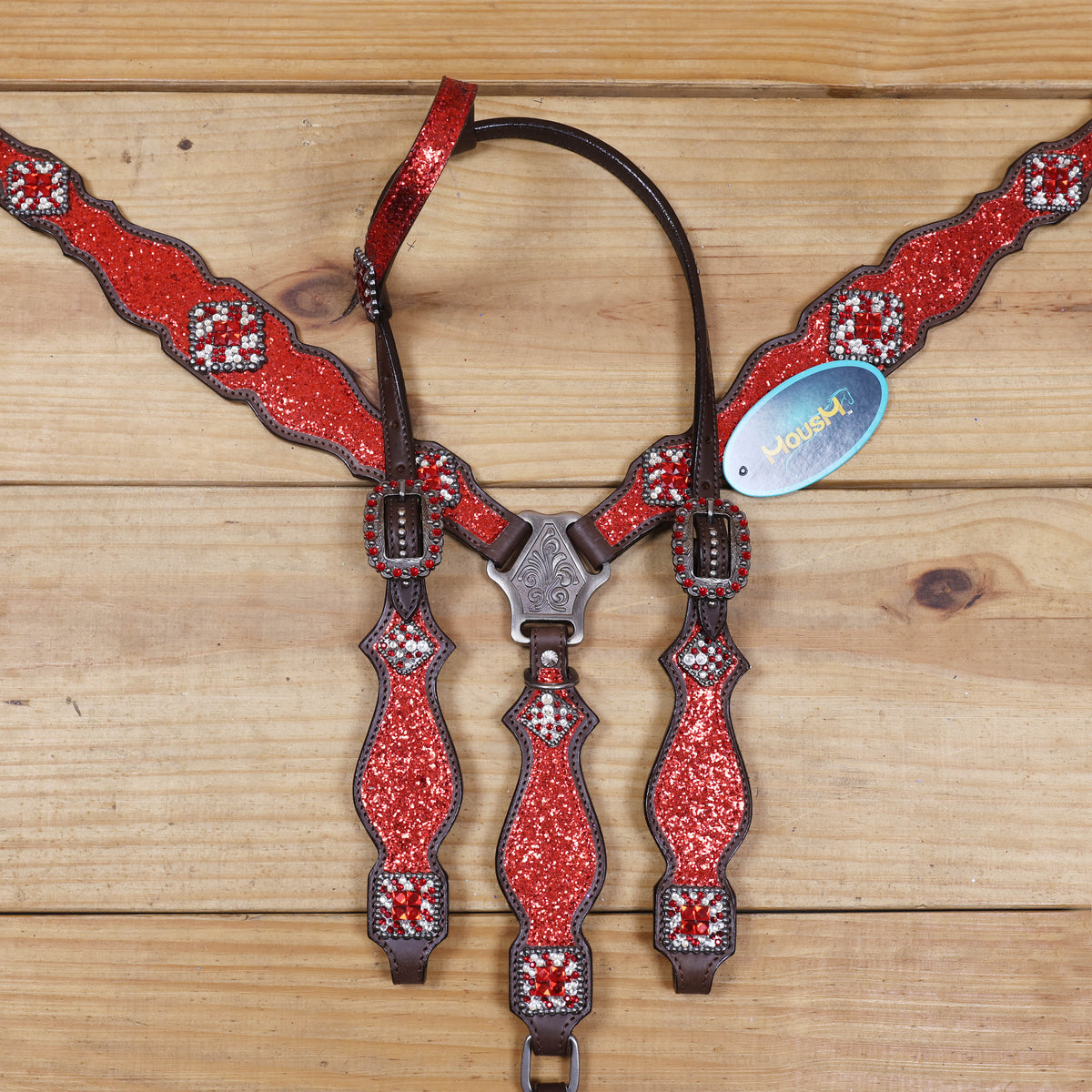 Red Glitter Headstall Set, Silver Studs, Bling Rhinestone Conchos