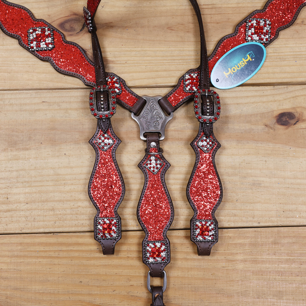 Red Glitter Headstall Set, Silver Studs, Bling Rhinestone Conchos