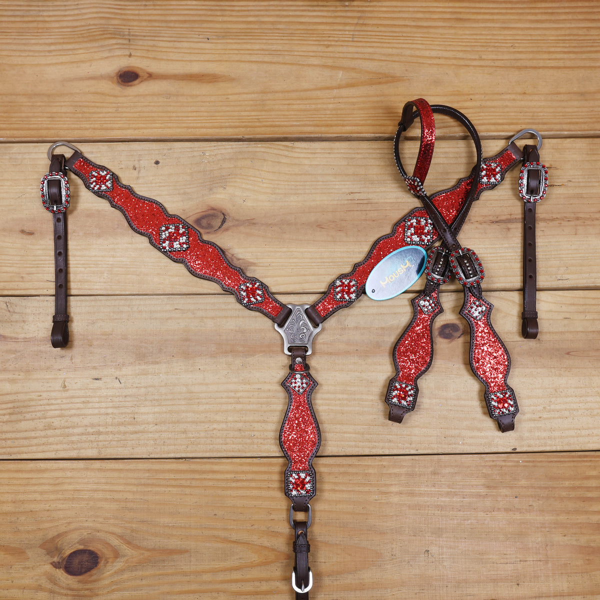 Red Glitter Headstall Set, Silver Studs, Bling Rhinestone Conchos