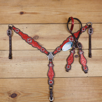 Red Glitter Headstall Set, Silver Studs, Bling Rhinestone Conchos