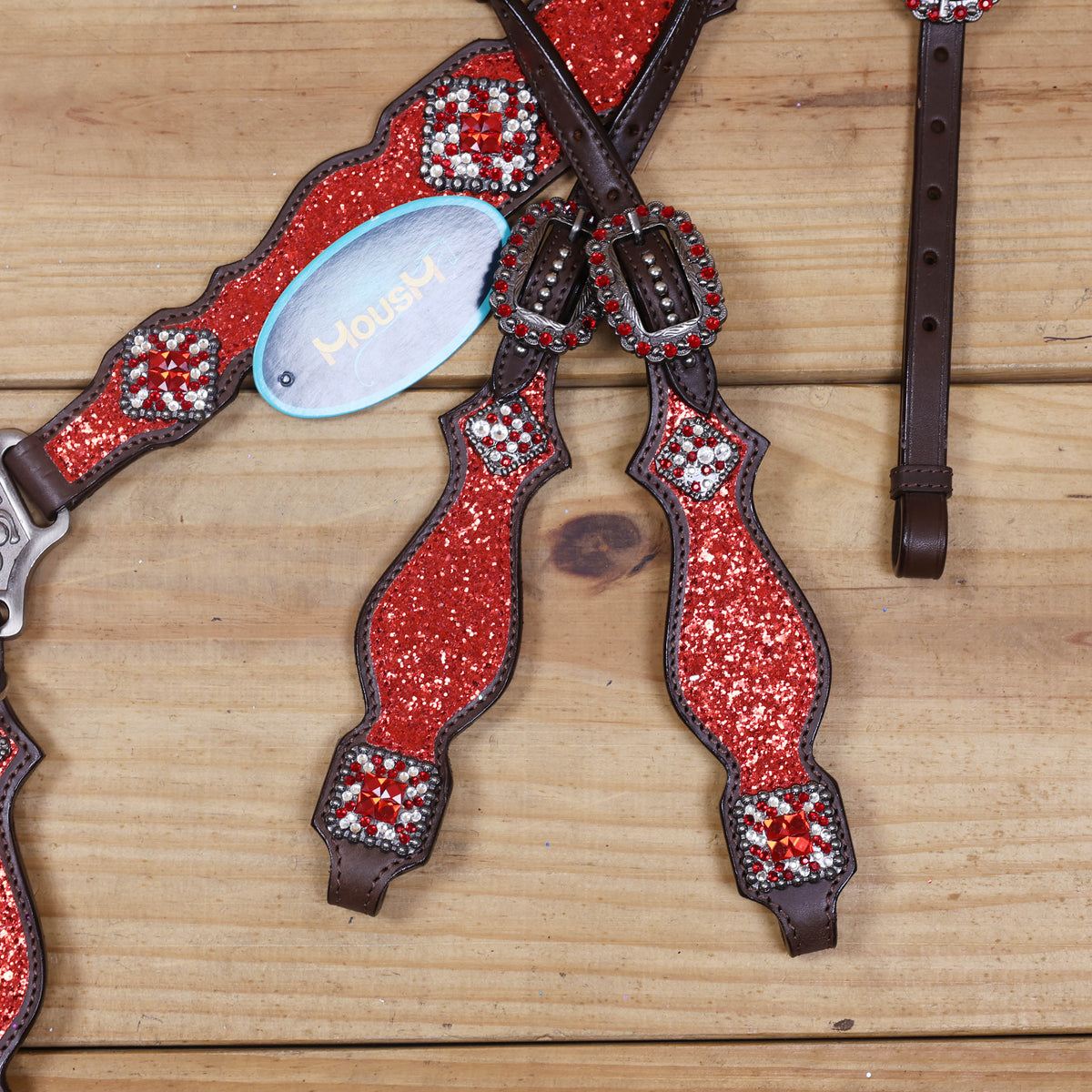 Red Glitter Headstall Set, Silver Studs, Bling Rhinestone Conchos
