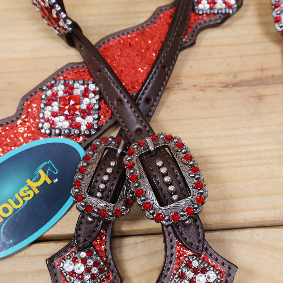 Red Glitter Headstall Set, Silver Studs, Bling Rhinestone Conchos