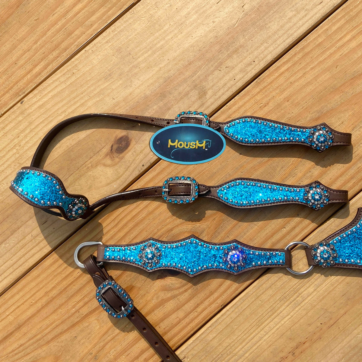 Teal Glitter Alligator with Silver Studs Headstall Tack Set