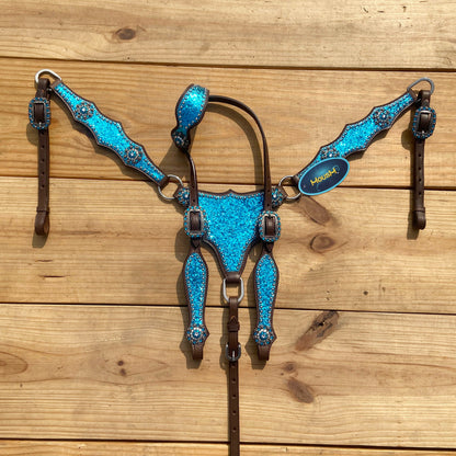 Teal Glitter Alligator with Silver Studs Headstall Tack Set