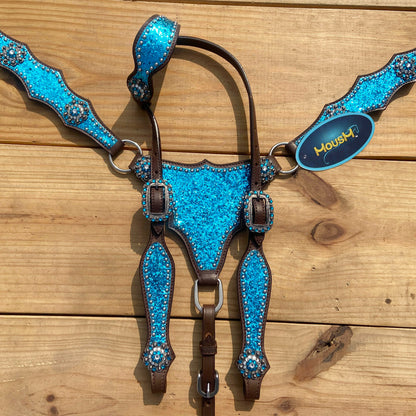Teal Glitter Alligator with Silver Studs Headstall Tack Set