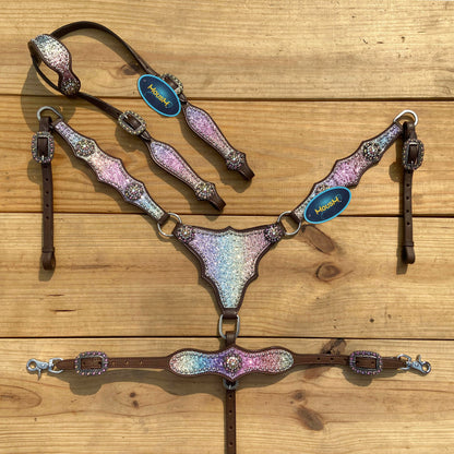 Rainbow Glitter Alligator with Rawhide Silver Studs Headstall Set