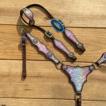 Rainbow Glitter Alligator with Rawhide Silver Studs Headstall Set