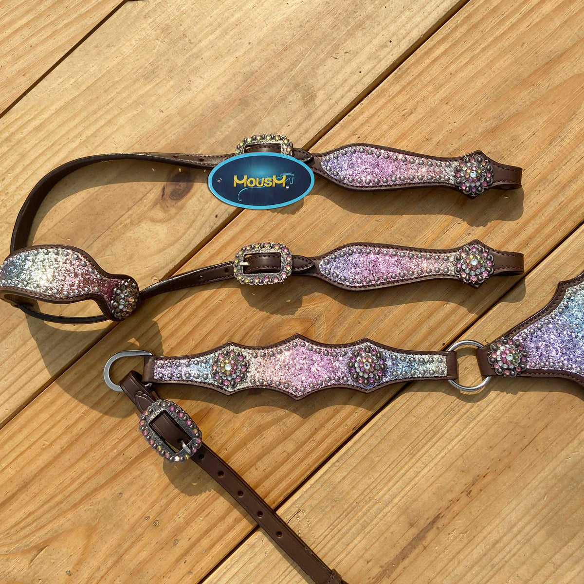 Rainbow Glitter Alligator with Rawhide Silver Studs Headstall Set