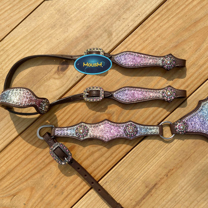 Rainbow Glitter Alligator with Rawhide Silver Studs Headstall Set