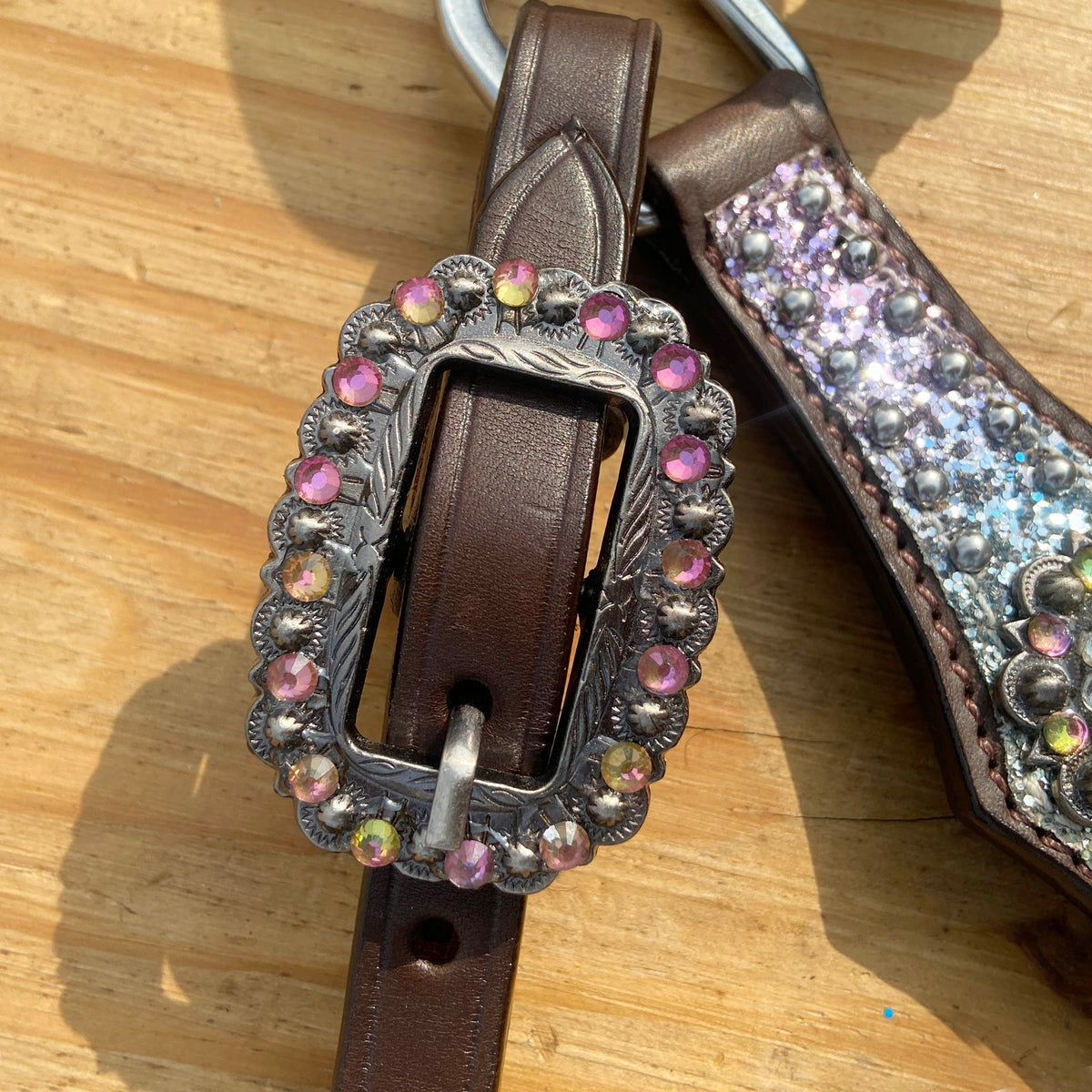 Rainbow Glitter Alligator with Rawhide Silver Studs Headstall Set