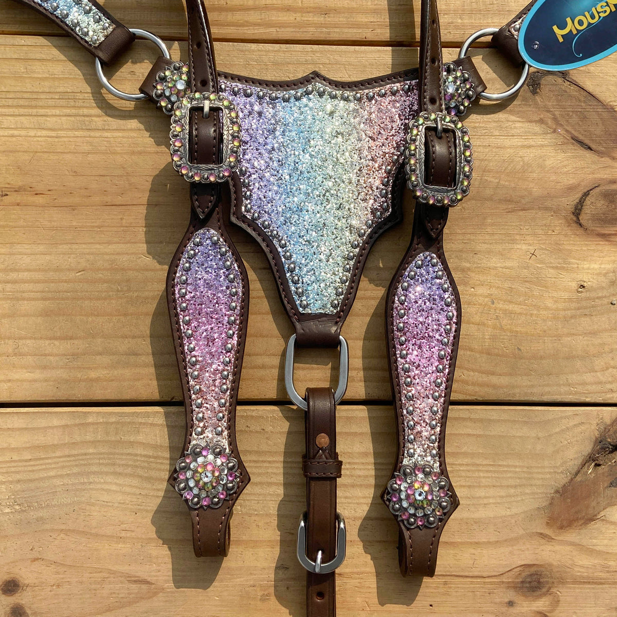 Rainbow Glitter Alligator with Rawhide Silver Studs Headstall Set