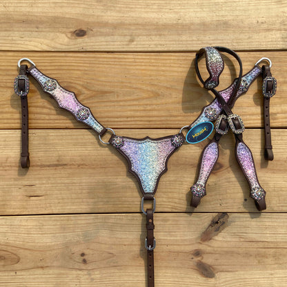 Rainbow Glitter Alligator with Rawhide Silver Studs Headstall Set