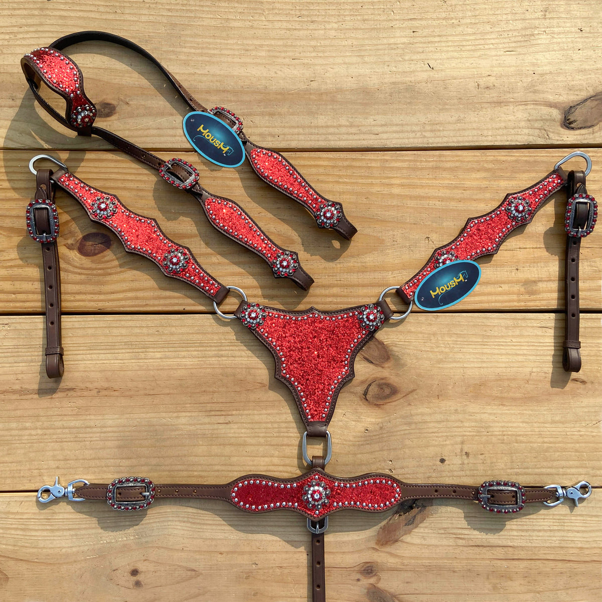 Red Glitter with Bling Rhinestone Conchos Horse Tack Set