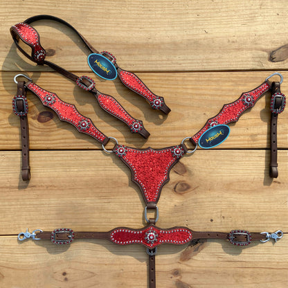 Red Glitter with Bling Rhinestone Conchos Horse Tack Set