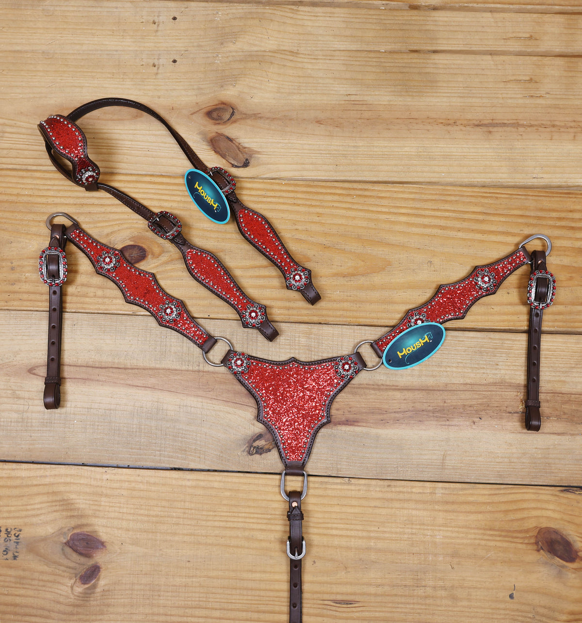 Red Glitter with Bling Rhinestone Conchos Horse Tack Set