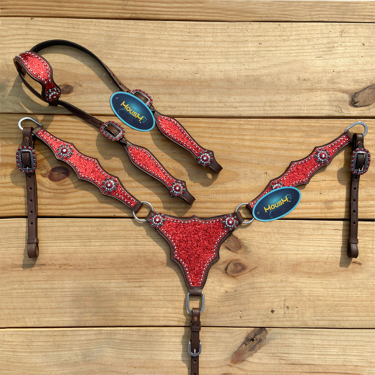 Red Glitter with Bling Rhinestone Conchos Horse Tack Set