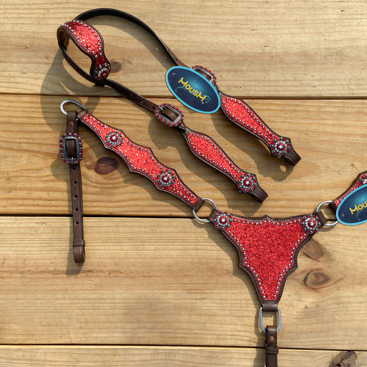 Red Glitter with Bling Rhinestone Conchos Horse Tack Set