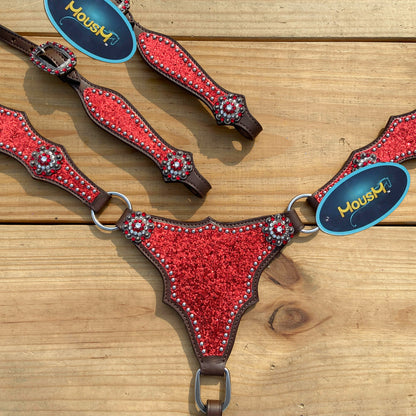 Red Glitter with Bling Rhinestone Conchos Horse Tack Set