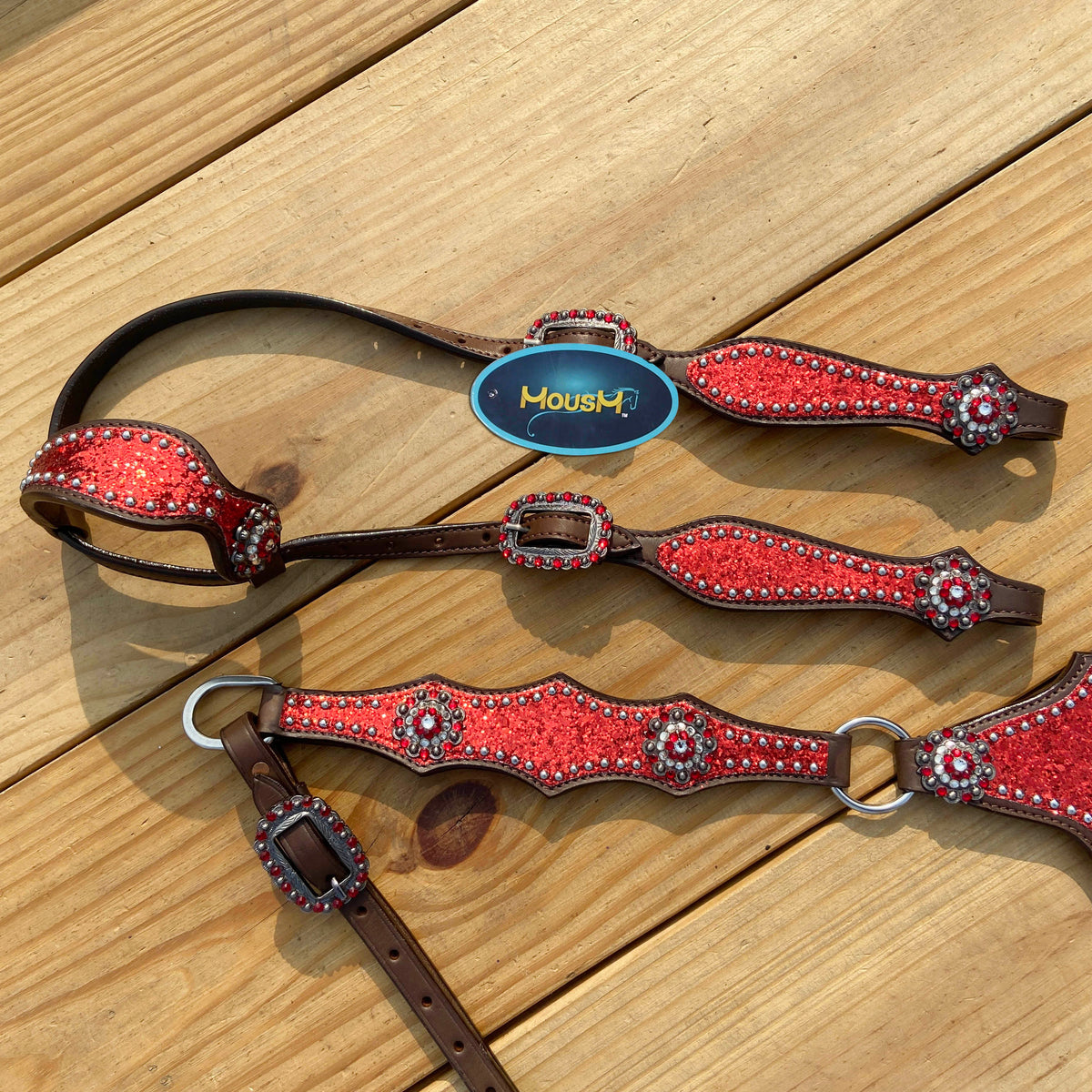 Red Glitter with Bling Rhinestone Conchos Horse Tack Set