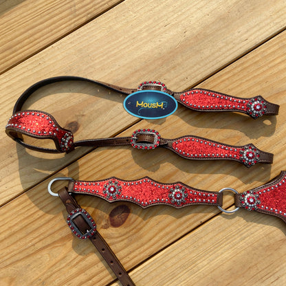 Red Glitter with Bling Rhinestone Conchos Horse Tack Set