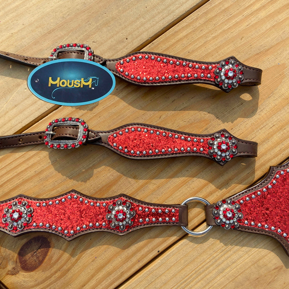 Red Glitter with Bling Rhinestone Conchos Horse Tack Set