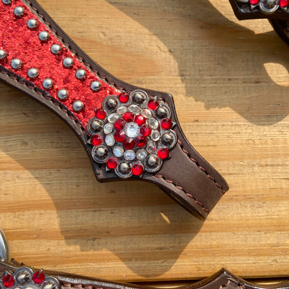 Red Glitter with Bling Rhinestone Conchos Horse Tack Set