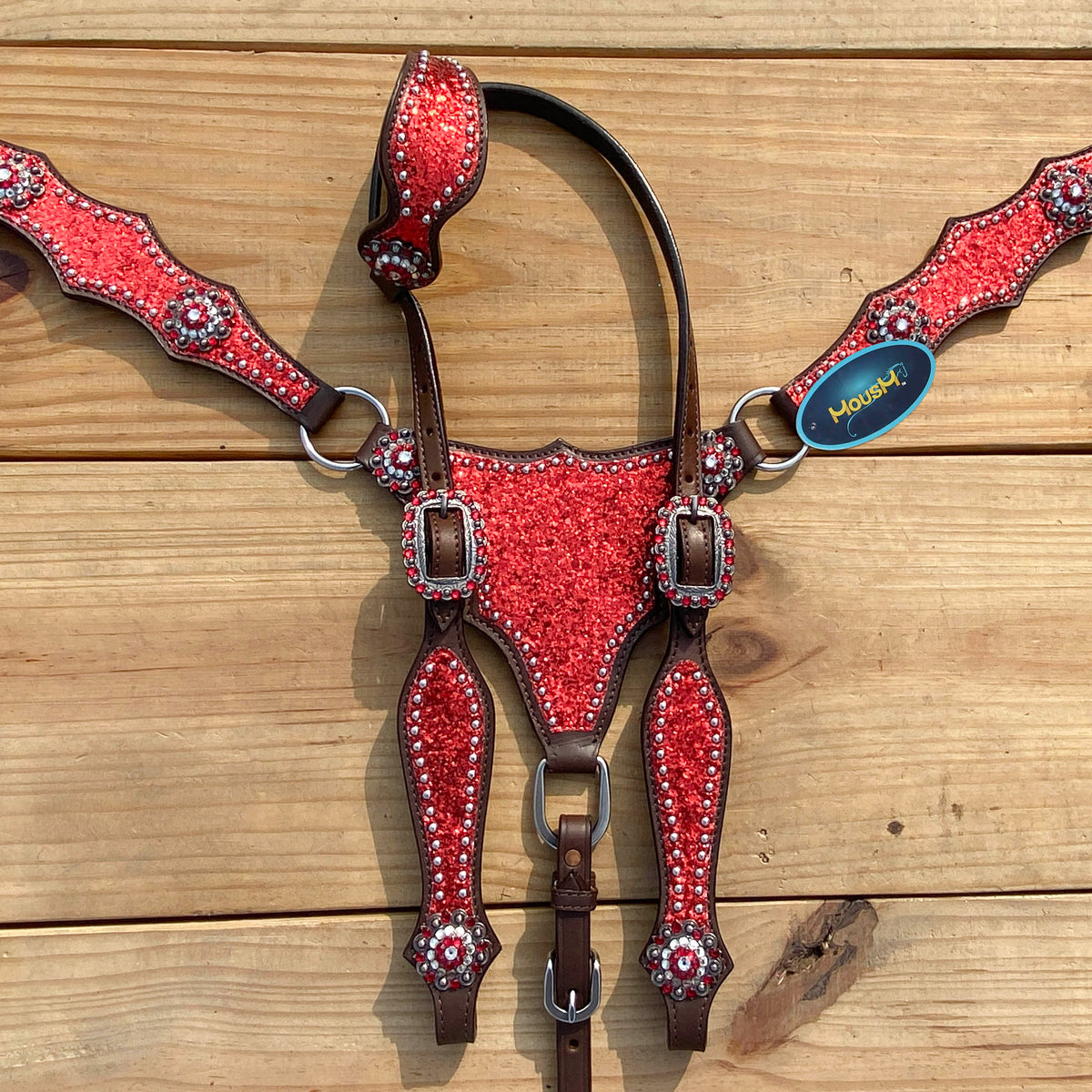 Red Glitter with Bling Rhinestone Conchos Horse Tack Set