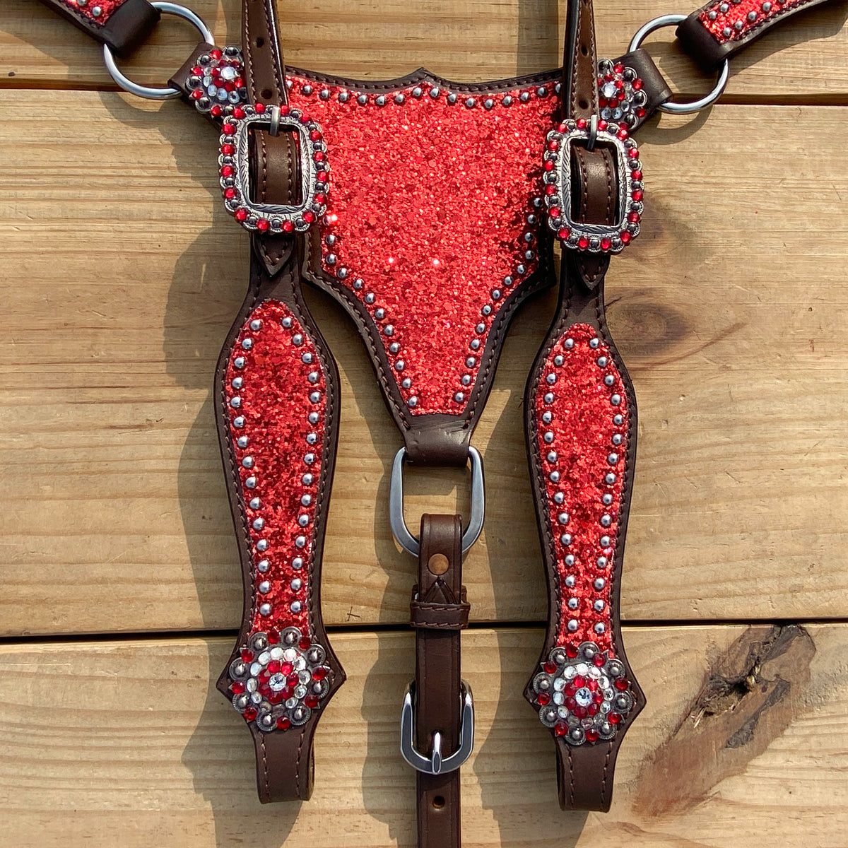 Red Glitter with Bling Rhinestone Conchos Horse Tack Set