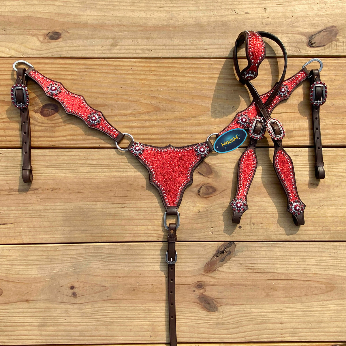 Red Glitter with Bling Rhinestone Conchos Horse Tack Set