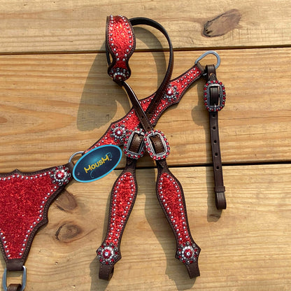 Red Glitter with Bling Rhinestone Conchos Horse Tack Set