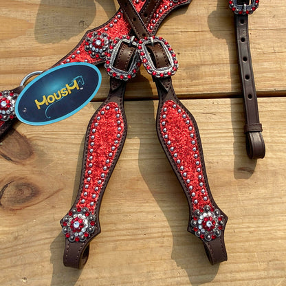 Red Glitter with Bling Rhinestone Conchos Horse Tack Set
