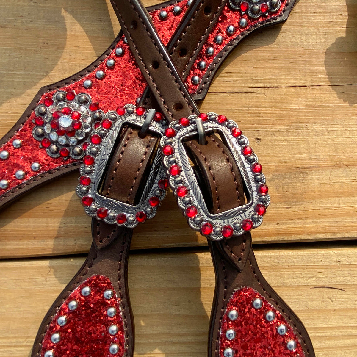 Red Glitter with Bling Rhinestone Conchos Horse Tack Set