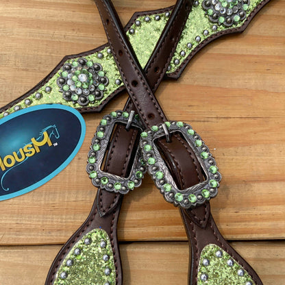 Lime Green Glitter Alligator Design Headstall Tack Set