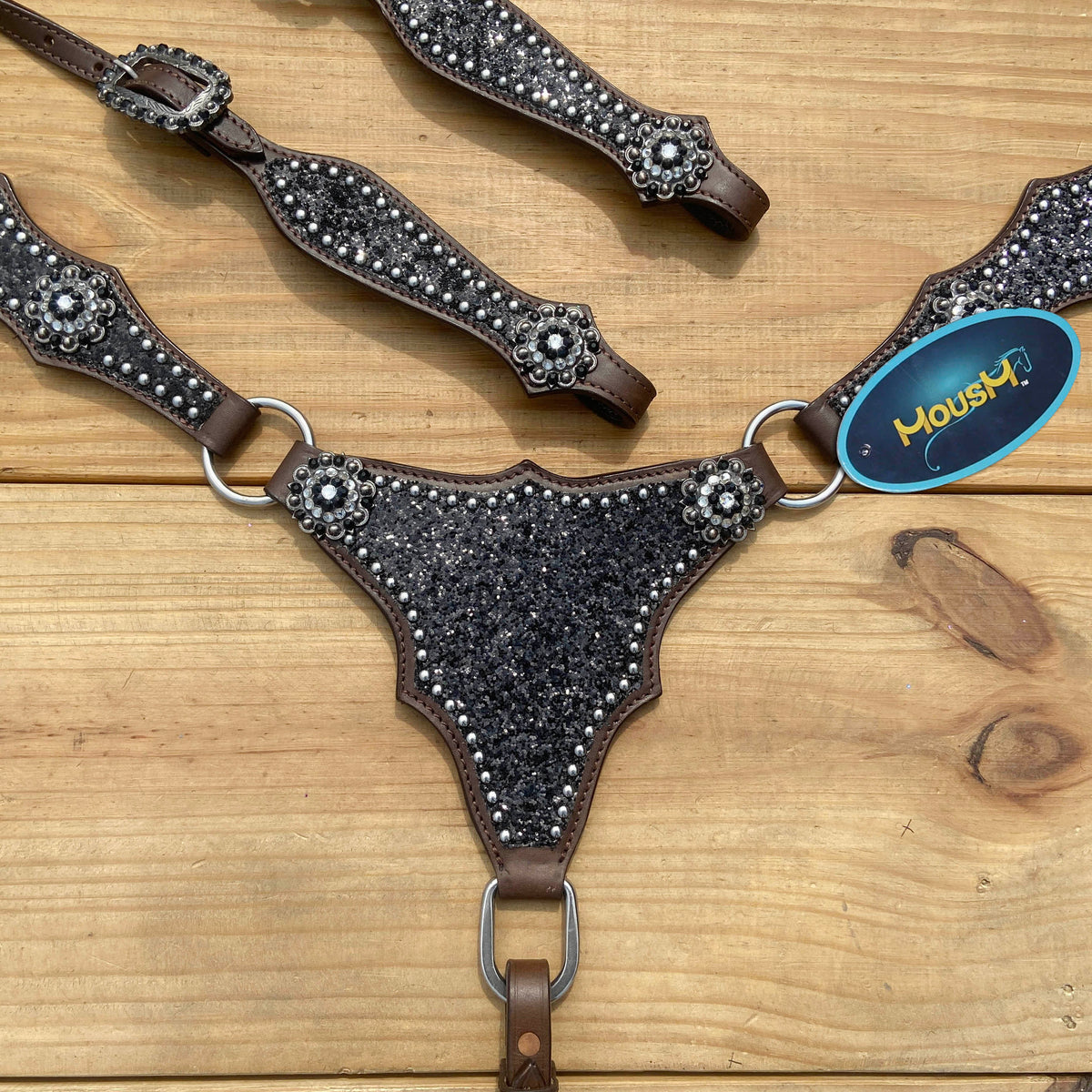Black Glitter Horse Tack Set with Bling Rhinestone Conchos, Silver Studs