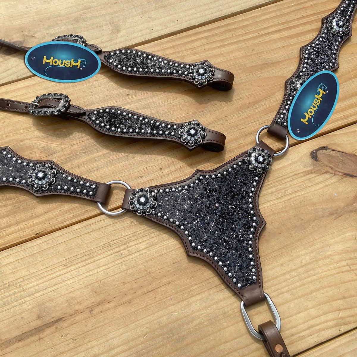 Black Glitter Horse Tack Set with Bling Rhinestone Conchos, Silver Studs