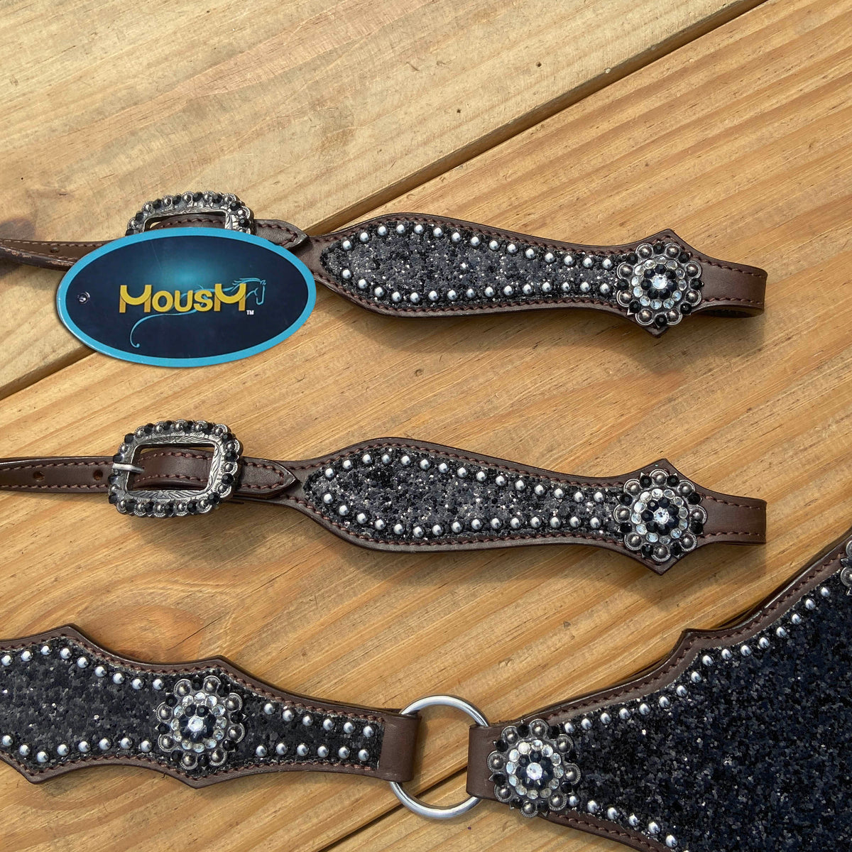 Black Glitter Horse Tack Set with Bling Rhinestone Conchos, Silver Studs