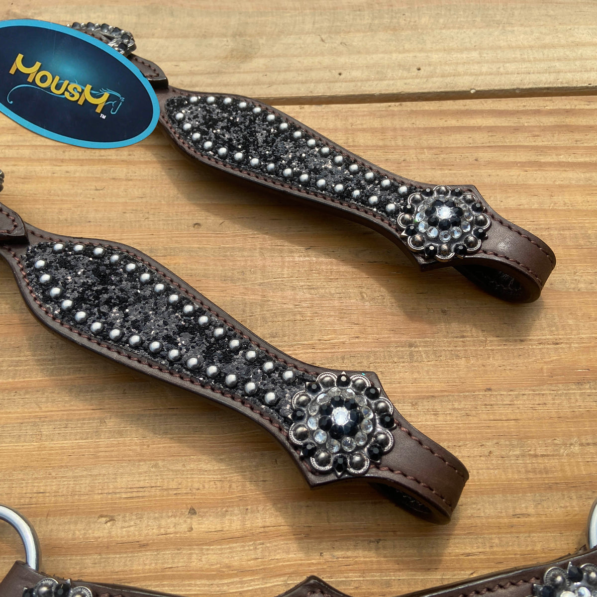 Black Glitter Horse Tack Set with Bling Rhinestone Conchos, Silver Studs