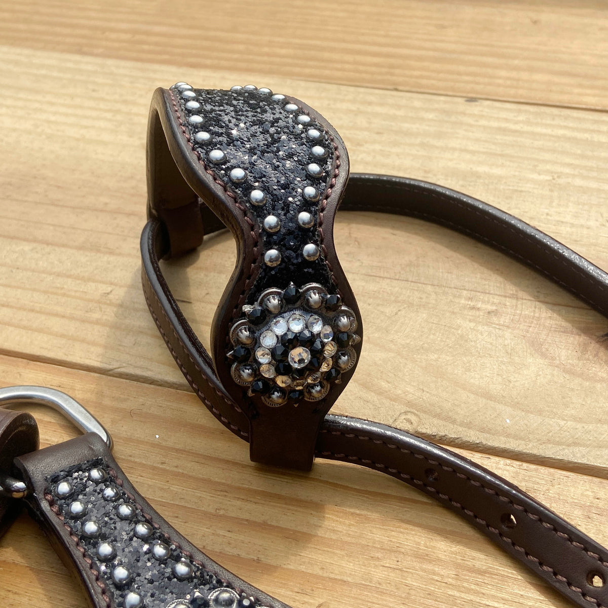 Black Glitter Horse Tack Set with Bling Rhinestone Conchos, Silver Studs