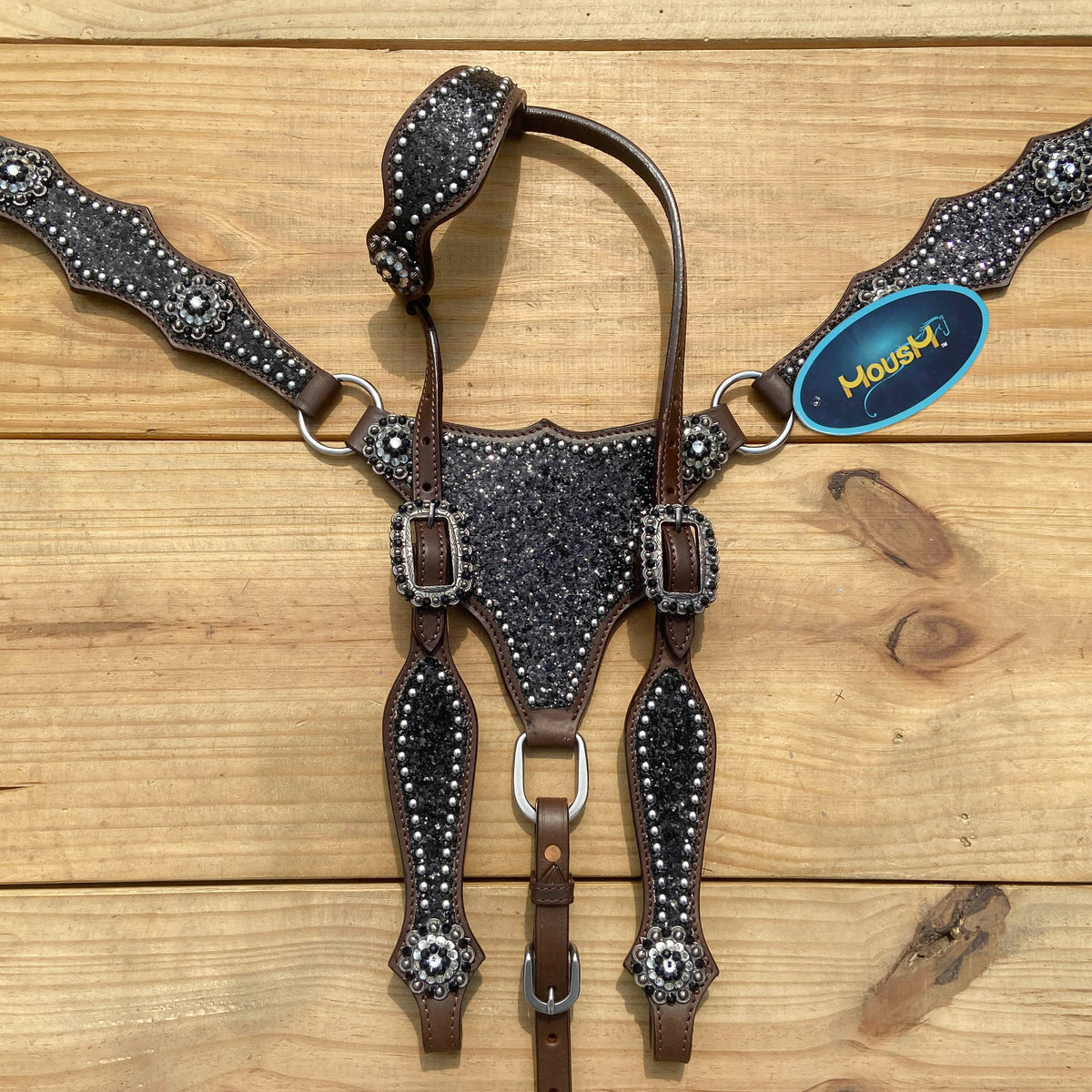 Black Glitter Horse Tack Set with Bling Rhinestone Conchos, Silver Studs