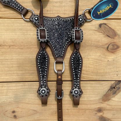 Black Glitter Horse Tack Set with Bling Rhinestone Conchos, Silver Studs