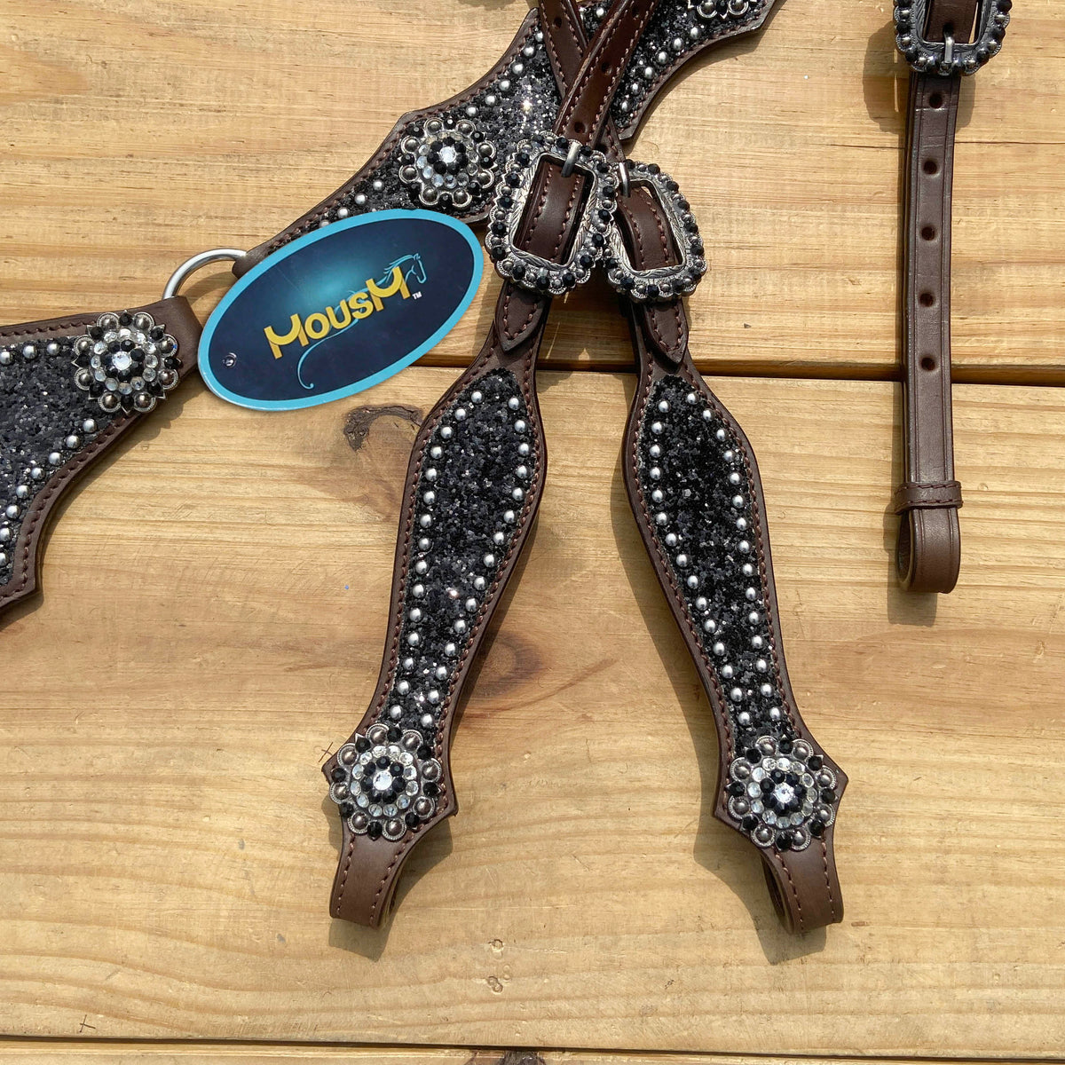 Black Glitter Horse Tack Set with Bling Rhinestone Conchos, Silver Studs
